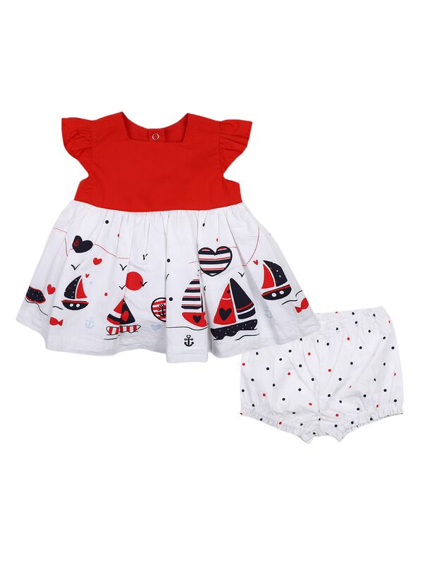 Girls White & Red Printed Dress with Panties image number 0